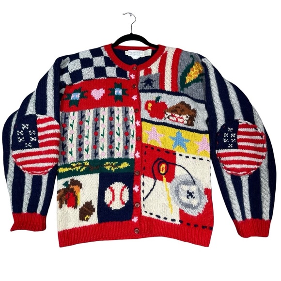 Vtg Eagles Eye Patriotic Americana Hand Knit Novelty Button Up Cardigan - Sz M - Picture 1 of 16